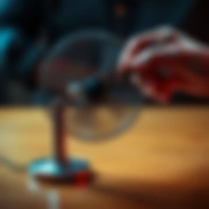 A person spins a pen rapidly with a small fan nearby, demonstrating how the pen's motion can make the fan work.