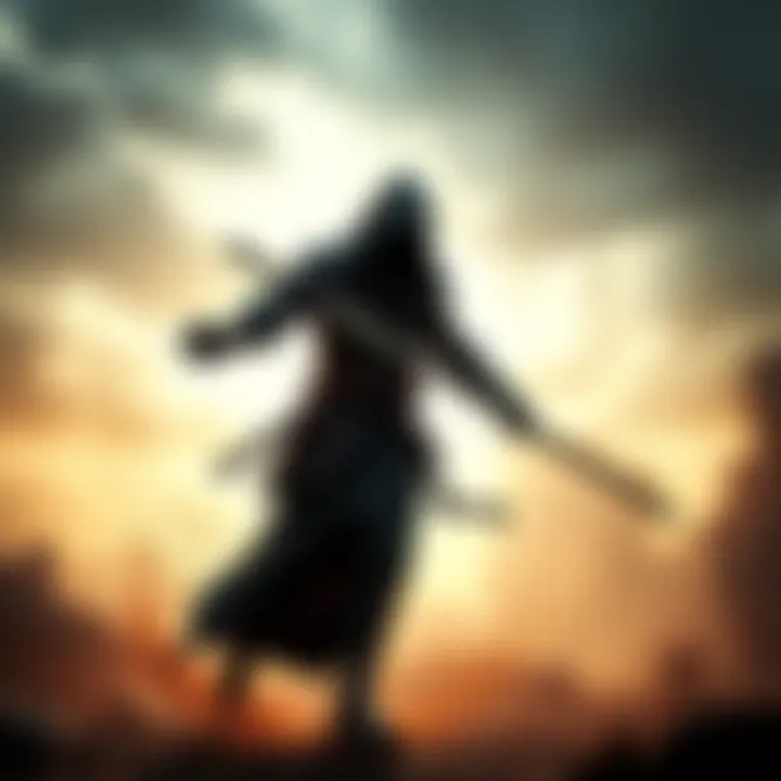 The Penitent One, a character with a dark, hooded figure, wields a sword and stands in a desolate landscape, looking determined. 