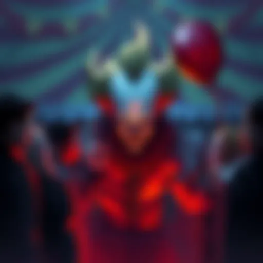 Illustration of Pennywise the clown facing characters in a dark setting, symbolizing fear and belief with a colorful backdrop of a circus tent.