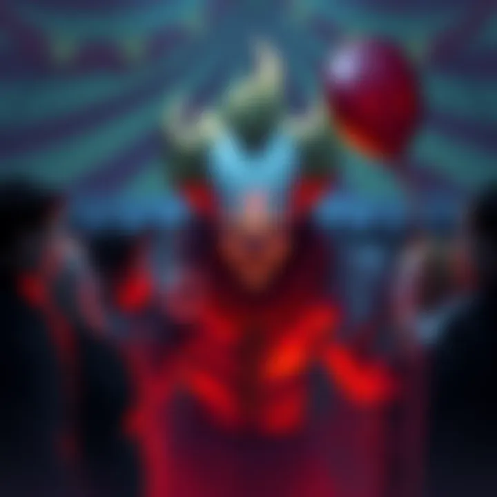 Illustration of Pennywise the clown facing characters in a dark setting, symbolizing fear and belief with a colorful backdrop of a circus tent.