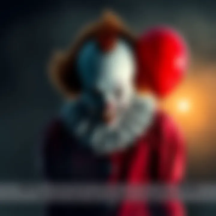 A creepy clown resembling Pennywise standing in a dark, foggy environment with a menacing grin.