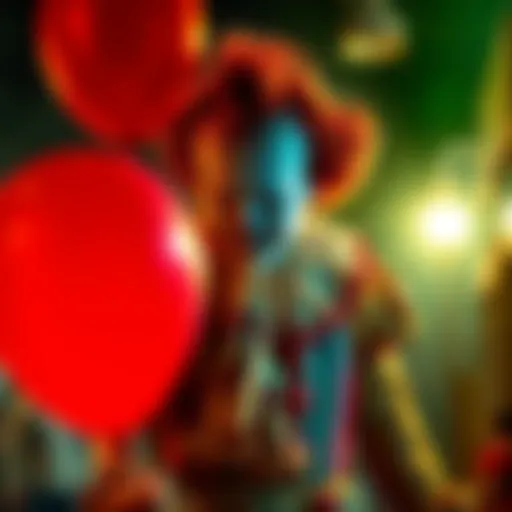 A sinister clown in a colorful costume holding a balloon, symbolizing fear and fun, representing different versions of Pennywise from various adaptations.