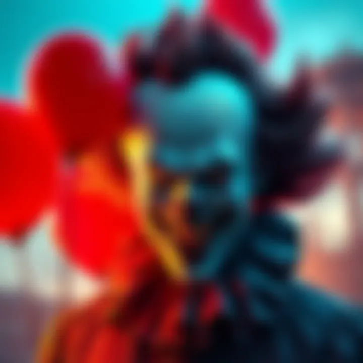 A fan artwork of Pennywise the clown intended for Dead by Daylight, showcasing his iconic red balloons and creepy smile, capturing the excitement of fans for the game's potential crossover