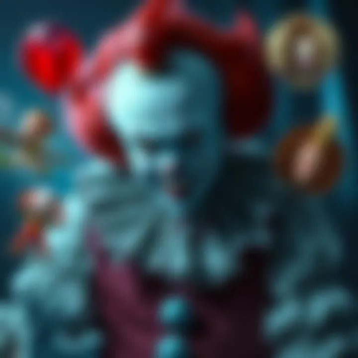 Creative fan art of Pennywise with various in-game name suggestions like The Dancing Clown and The Shapeshifter around it.