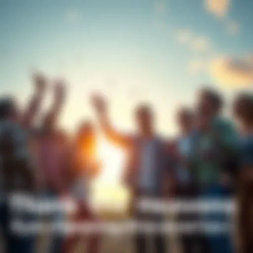 People celebrating new discoveries A group of diverse people joyfully discussing recent findings and sharing ideas outdoors, with excitement in the air.