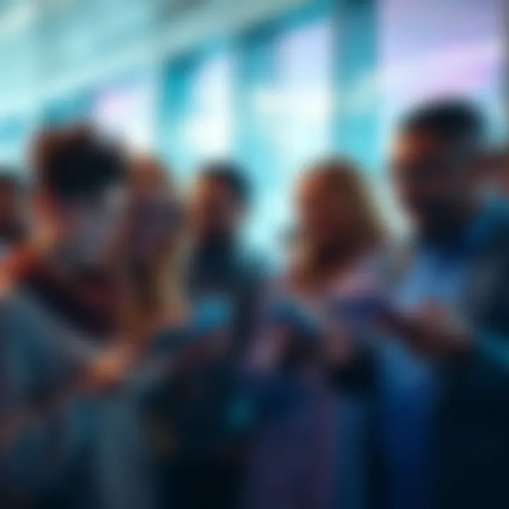 A group of diverse individuals engaged in chat conversations on their smartphones in a modern setting