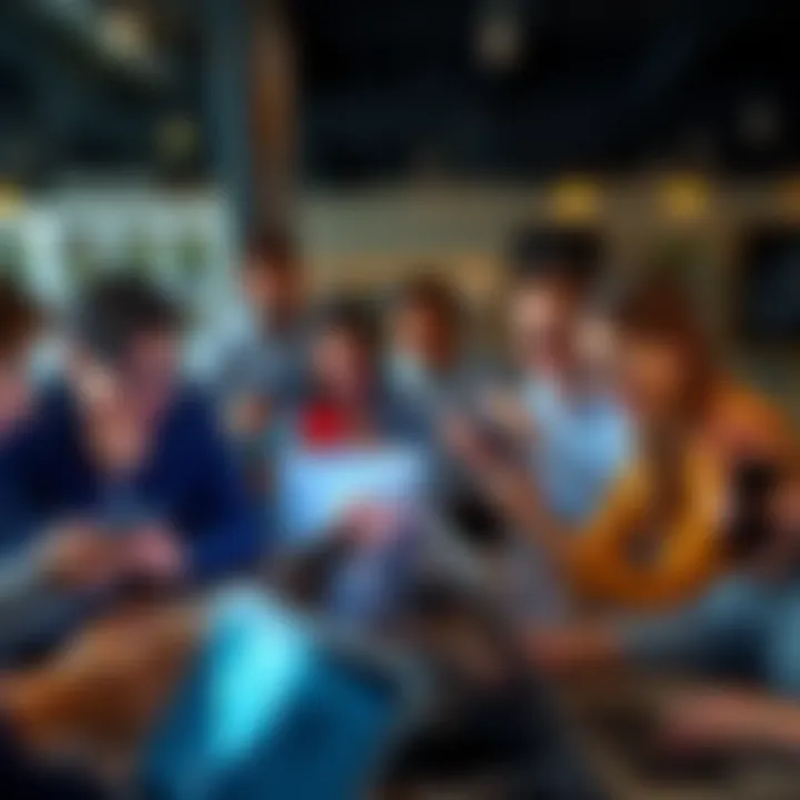 A group of people interacting through laptops and smartphones, showcasing different expressions and gestures during online discussions.