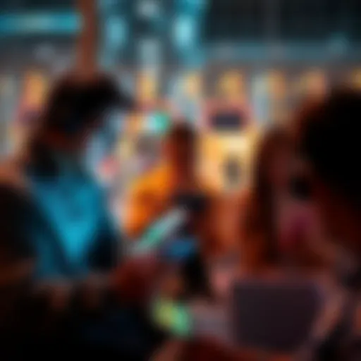A group of people using smartphones and laptops instead of talking to each other in person