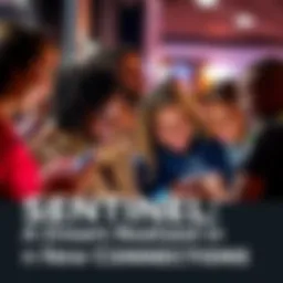 A diverse group of people smiling and using devices to connect with each other, representing new opportunities and growth.