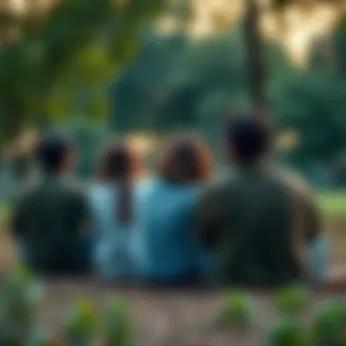 A group of people sitting together, reflecting on life's purpose in a serene park setting.
