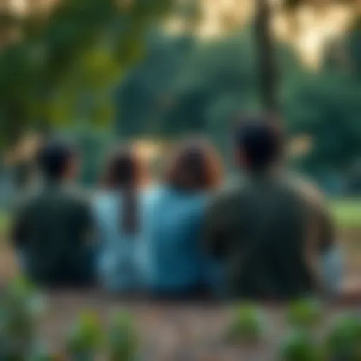 A group of people sitting together, reflecting on life's purpose in a serene park setting.