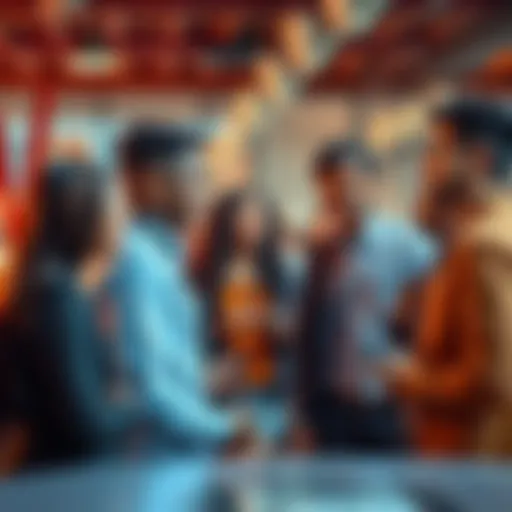 People engaged in conversation A group of diverse people having a lively discussion in a modern setting, showcasing the importance of communication.