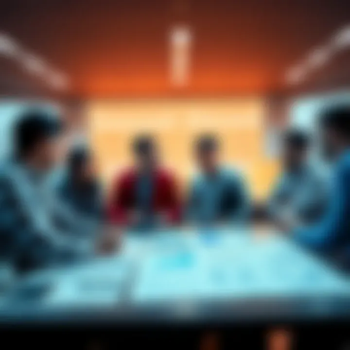 A group of people engaged in a lively discussion about upcoming Big Six choices, with charts and graphs displayed on a table.