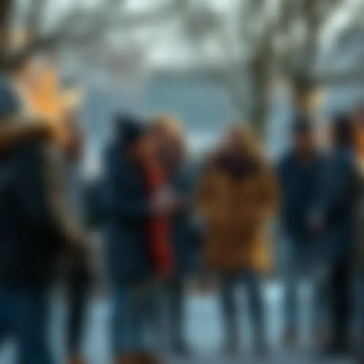 A group of people sharing opinions about missing the cold snap, some bundled in warm clothing, others enjoying mild weather, in a park setting.