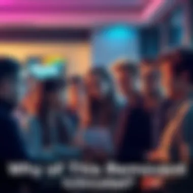 A group of people engaged in conversation about the recent removal of online content, showing varying expressions of curiosity and concern.