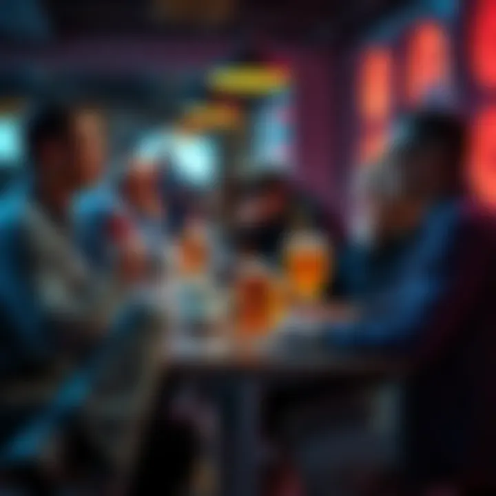 A group of people sitting at a table, talking about energy drink options while holding cups of coffee and herbal tea.