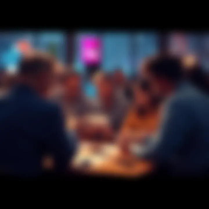A group of people engaged in conversation, surrounded by notes and code hints about the event cypher