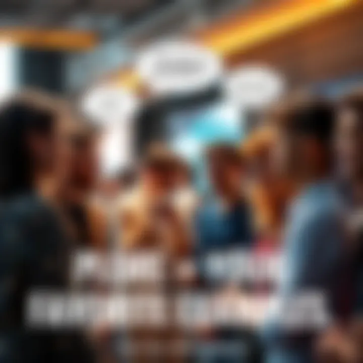 A group of people engaged in a lively discussion, sharing their favorite examples on various topics, with speech bubbles illustrating their thoughts.