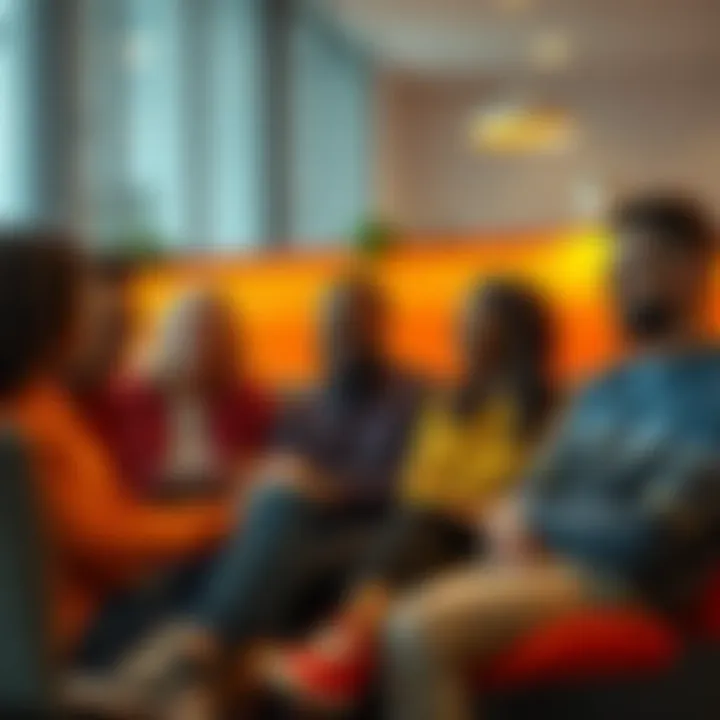 A group of diverse people sitting together, sharing their thoughts and experiences in a warm, inviting setting.