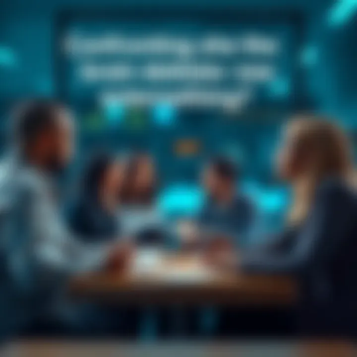 People discussing intelligence A group of diverse people engaging in a thoughtful discussion about intelligence, with books and notes around them.