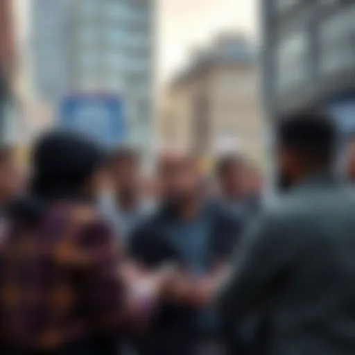 A group of people engaged in a serious discussion, expressing their concerns about societal demands and issues, in an urban setting.