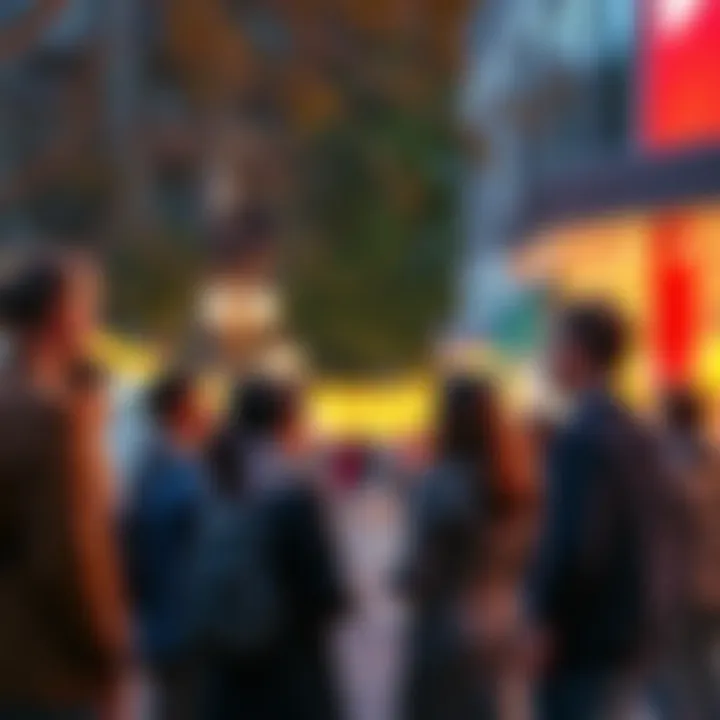 A group of people gathered outside, talking and looking curious about an unexpected jingle they heard in the air.