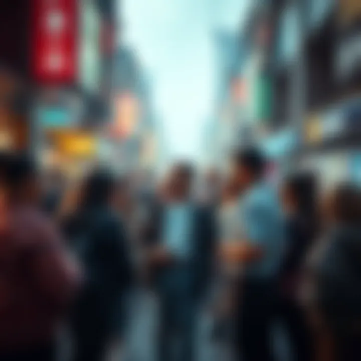 A diverse group of people engaged in a heated discussion about political, technological, and social topics in a busy urban setting.