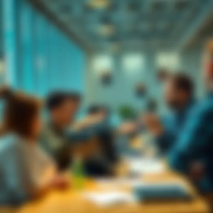 A group of people engaged in discussion, expressing worries about a new system in Germany, with computers and papers on a table.