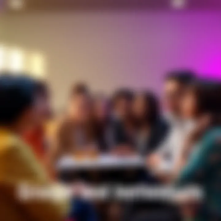 A diverse group of people engaged in a conversation about addressing groups and individuals, emphasizing inclusive language.