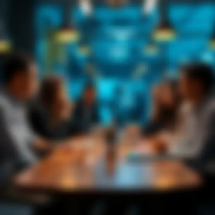 A group of people discussing a new trend People gather around a table, exchanging ideas about a recent online phenomenon