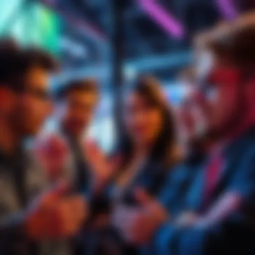 A group of people engaged in a lively discussion about a new trend, showcasing diverse expressions of curiosity and excitement.