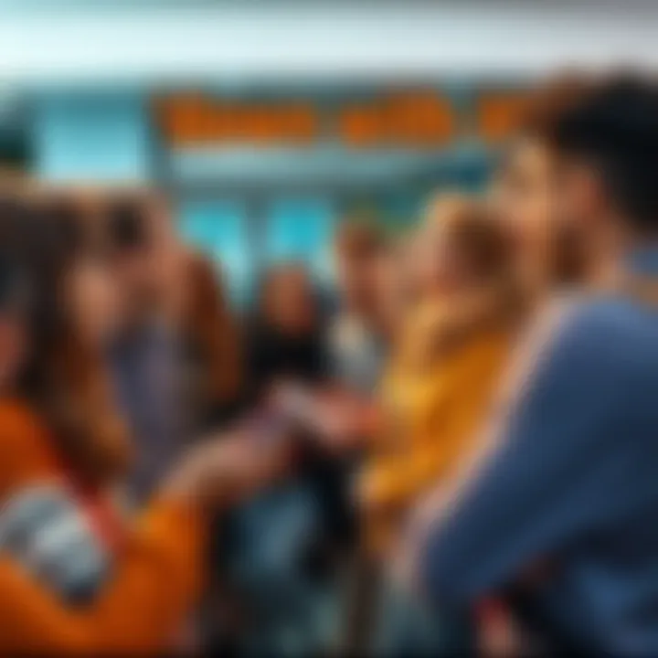 People discussing the phrase 'down with it' A group of diverse people engaging in a lively conversation about language meanings, focused on the phrase 'down with it'.