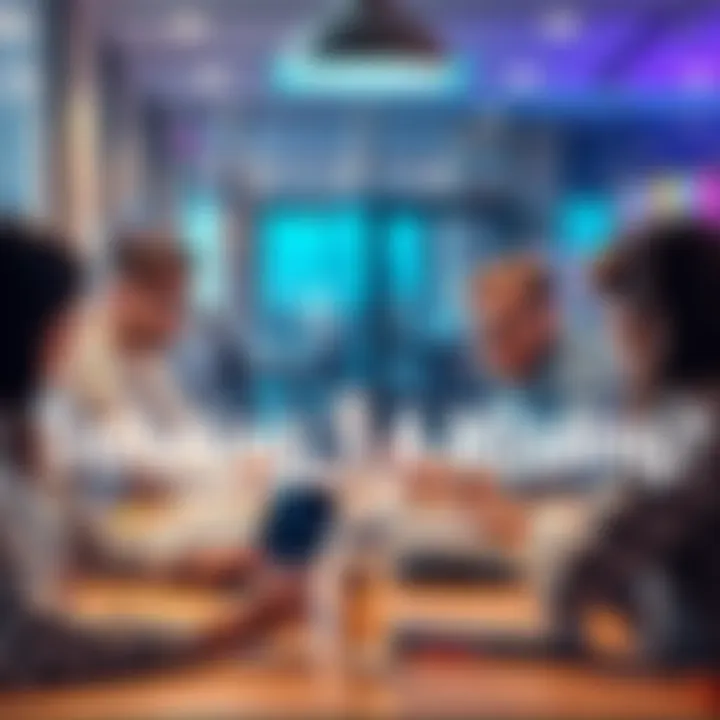 A group of people sharing ideas and thoughts around a table, brainstorming to solve a problem together.