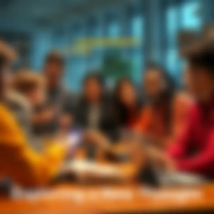 Group of people discussing a theory A diverse group of people engaged in a lively discussion about a new theory, with notes and laptops around them.