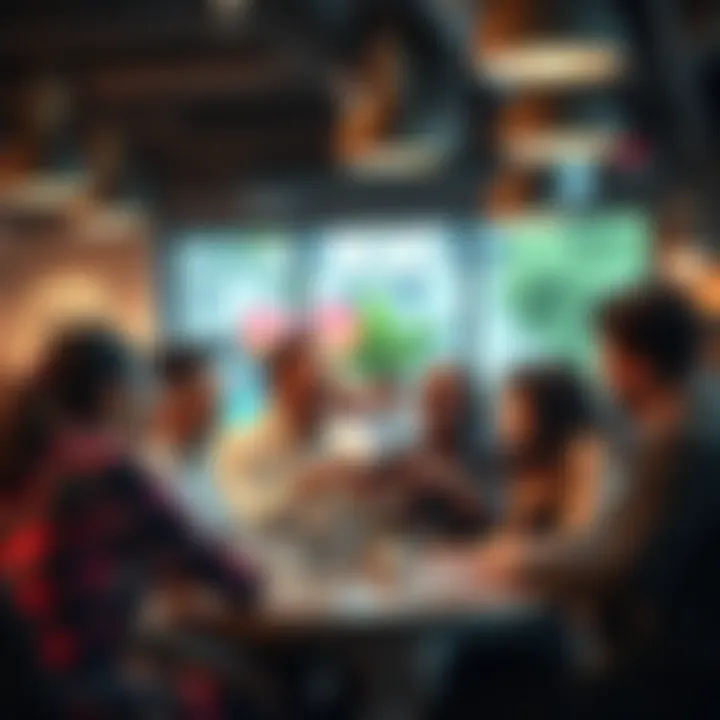 People discussing trends A group of diverse people engaged in a lively discussion about current trends in a cafe setting.