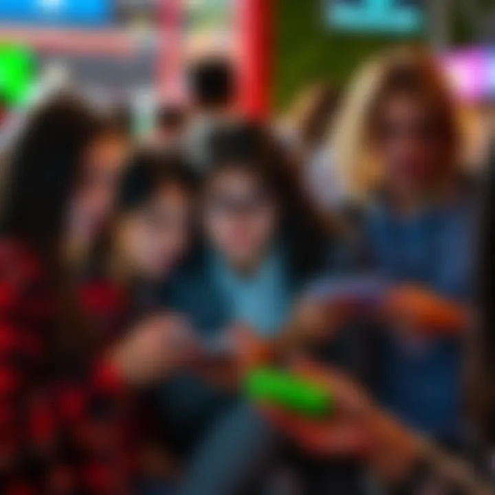 People engaging with a popular app A diverse group of people using a mobile app, showing community interaction and engagement, highlighting their commitment.