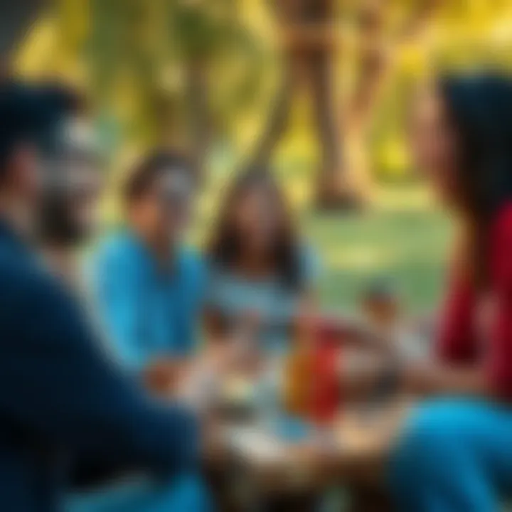 People enjoying activities together Group of friends laughing and sharing moments at a picnic while playing games and enjoying food.