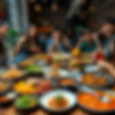 A diverse spread of meals including salads, burgers, and local dishes, with people happily sharing at a table