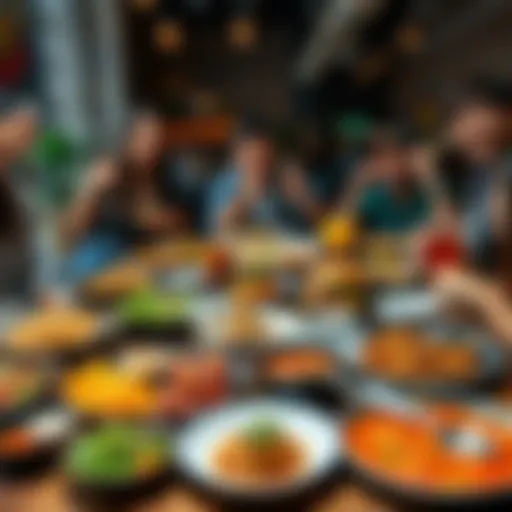 A diverse spread of meals including salads, burgers, and local dishes, with people happily sharing at a table