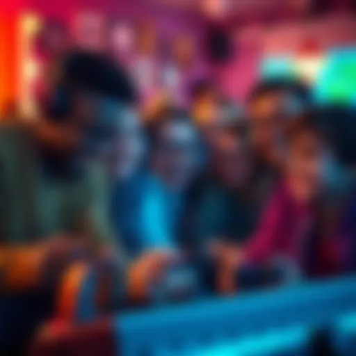 A diverse group of people of different ages playing video games and smiling, showcasing the fun of gaming.