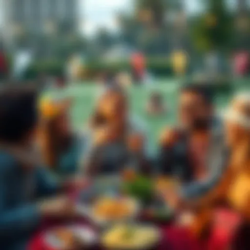A group of cheerful people laughing and sharing various sable dishes at an outdoor picnic