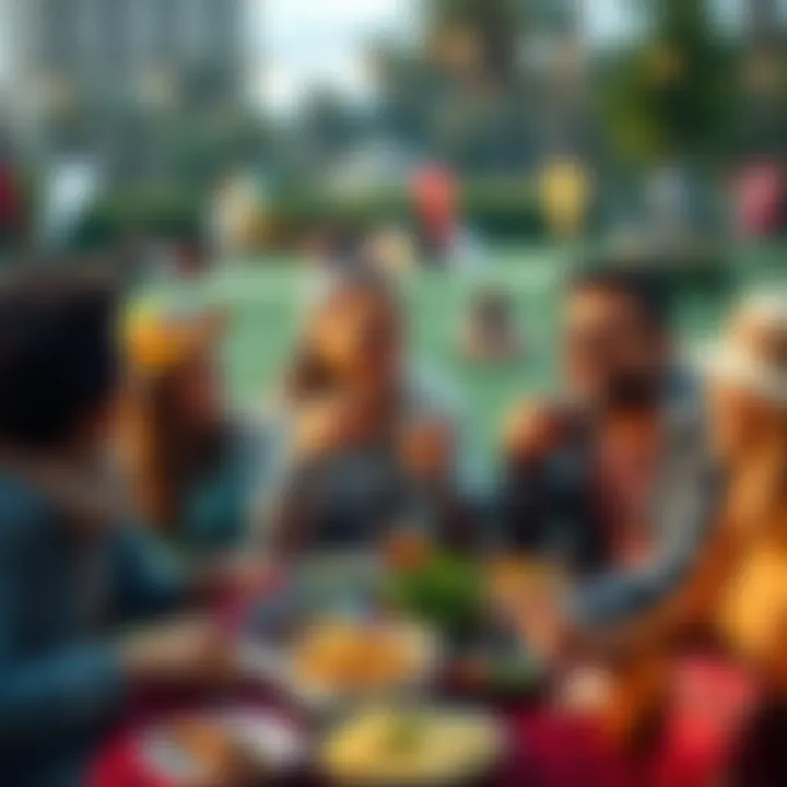A group of cheerful people laughing and sharing various sable dishes at an outdoor picnic