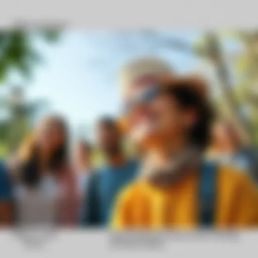 A group of diverse people smiling and enjoying a sunny day in a park, showing a sense of safety and contentment.