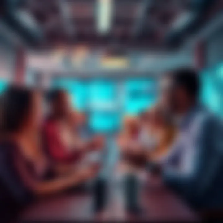 A group of diverse people engaging in digital conversations on the TM8 platform, showcasing excitement and connection