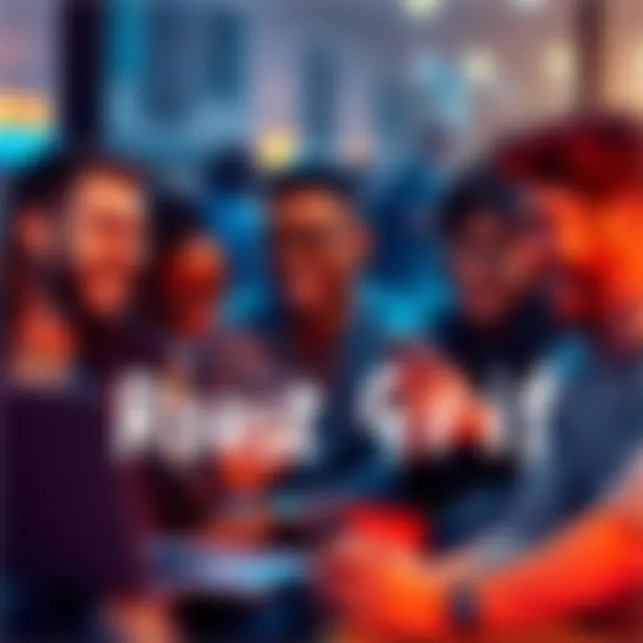 A group of people laughing together while using laptops and smartphones, engaging in roast humor on forums