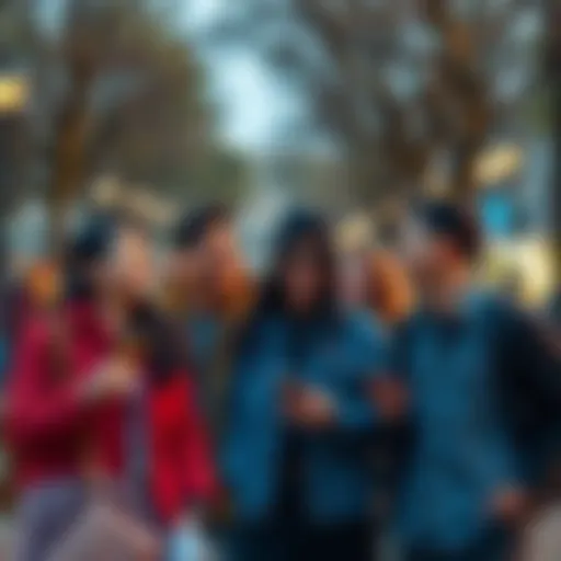 A group of friends sharing a funny moment in a bustling park in 2026, surrounded by modern technology and quirky fashion.