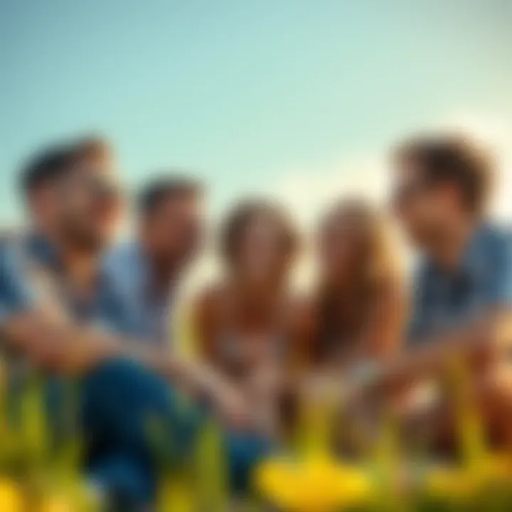 A group of friends enjoying a picnic, sharing jokes and laughing under a sunny sky