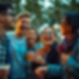 A group of friends laughing at a funny moment, sharing joy and good times together outdoors.