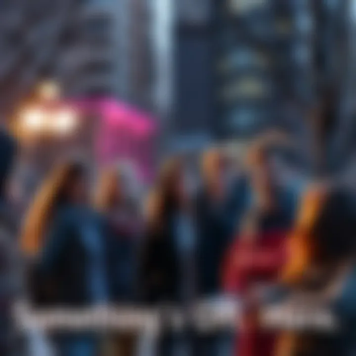 A group of people with worried expressions discussing in a city park, indicating feelings of unease.