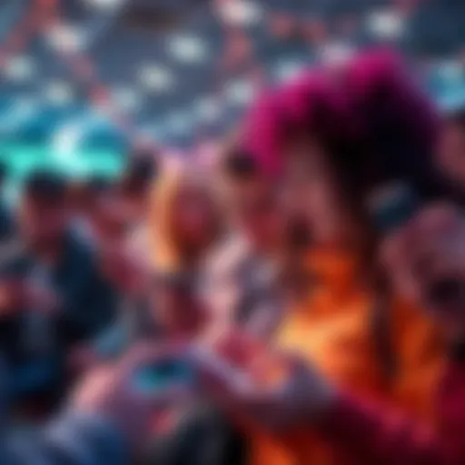 A group of people imitating popular trends and behaviors while using smartphones, showing connections in social media interactions.